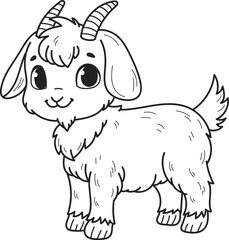Coloring page outline of the cartoon smiling cute little goat. Colorful vector illustration, summer coloring book for kids.