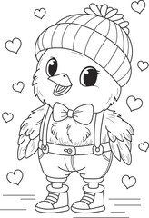 Coloring page outline of the cartoon smiling cute little chick in clothes. Colorful vector illustration, summer coloring book for kids.