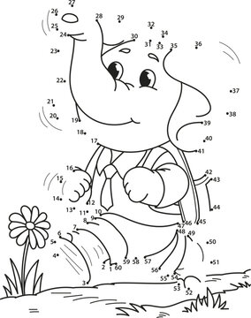 Connect the dots. Elephant. Coloring page outline of the cartoon numbers game. Colorful vector illustration of educational dot to dot game for preschool children, summer coloring book for kids. 