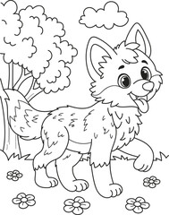 Coloring page outline of the cartoon smiling cute wolf. Colorful vector illustration, summer coloring book for kids.