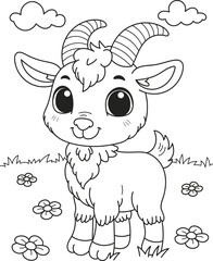 Coloring page outline of the cartoon smiling cute little goat. Colorful vector illustration, summer coloring book for kids.