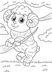 Coloring page outline of the cartoon smiling cute little sheep. Colorful vector illustration, summer coloring book for kids.