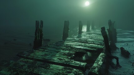 Haunting Rotting Pier Emitting Faint Greenish Glow in the Misty Landscape