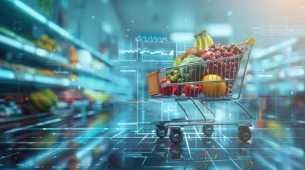 Shopping Cart Filled with Fresh Produce in a Futuristic Supermarket