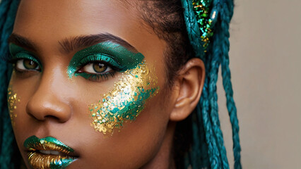 African woman portrait with vibrant green and gold makeup and purpurin. close-up portrait. 