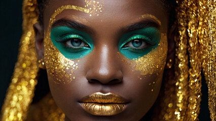 African woman portrait with vibrant green and gold makeup, emphasizing elegance and glamour.