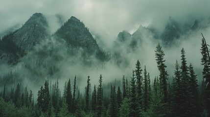 Rugged Mountainous Landscape with Turbulent Stormy Sky and Shrouded Peaks
