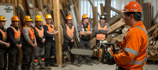 Chainsaw Safety Training Class with Instructor Demonstrating Techniques to Group in Workshop Setting