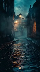 Fototapeta premium Tilted Horizon Film with Ominous Rain Clouds and Crumbling Abandoned Warehouses in Moody Urban Setting