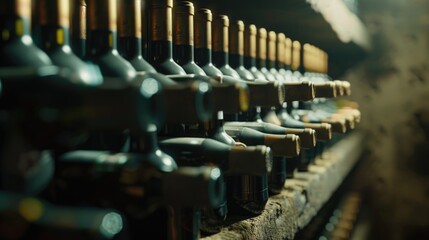 Bottles of wine stacked on a shelf, awaiting consumption