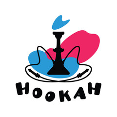 Logo template for hookah bar. Hookah silhouette. Abstract background with spots. Elements of bar equipment. Relaxation product. Stylized minimalist illustration