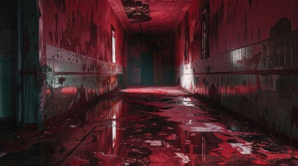 A long hallway with red paint on the floor