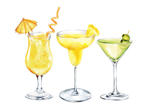 alcoholic cocktails with a straw, umbrella, martini with green olive fruits, margarita with slice of pineapple, watercolor illustration of summer refreshing beverage in a glass, sketch, tropical drink