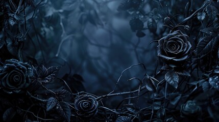 A cluster of black roses grows in the midst of a dark and mysterious forest, perfect for use in scenes where death or mourning are involved © Ева Поликарпова