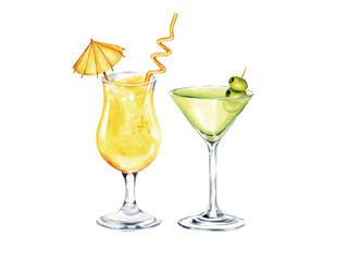 alcoholic cocktails with a straw, umbrella, martini with green olive fruits, watercolor illustration of summer refreshing beverage in a glass, sketch of tropical drinks, food theme
