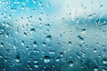 CloseUp of Water Droplets on Glass Window with Blue Sky Background