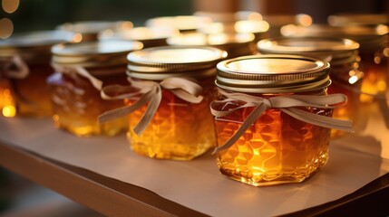 CloseUp of Honey Jars with Ribbons in Warm Sunlight  Artisan and Organic Product Display
