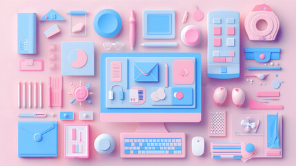 Pastel Pink and Blue Geometric Shapes 3D Illustration.