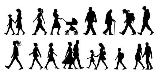 Naklejka premium vector illustration. silhouettes of people walking along the street. Large set of characters of different ages. 