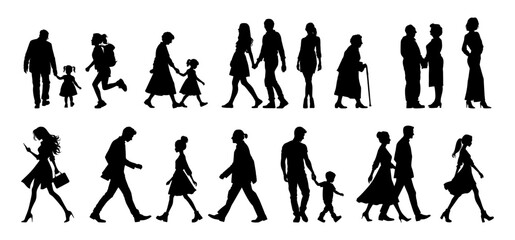 vector illustration. silhouettes of people walking along the street. Large set of characters of different ages.	