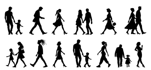 vector illustration. silhouettes of people walking along the street. Large set of characters of different ages.	