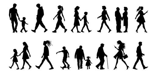 vector illustration. silhouettes of people walking along the street. Large set of characters of different ages.	