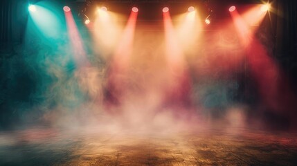 Fototapeta premium A dark nightclub stage lit up by flashing lights and smoke machines, ideal for use in promotional materials or event photography