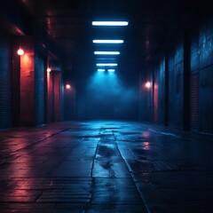 A dark empty street with a dark blue background.

