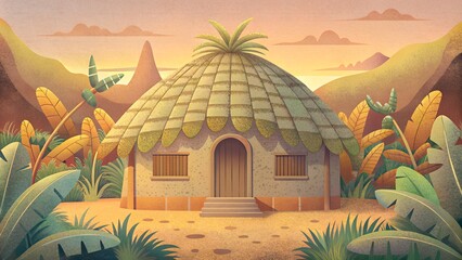 Illustration of traditional Hawaiian village home crafted from natural tan bamboo and palm leaves for the roofing	