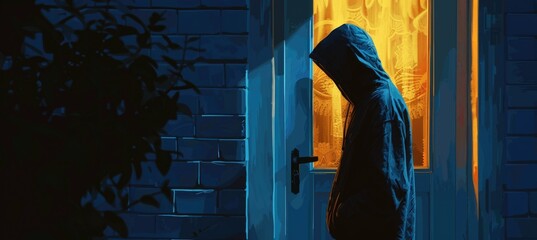 Mysterious Hooded Figure at Night Outside Illuminated Door