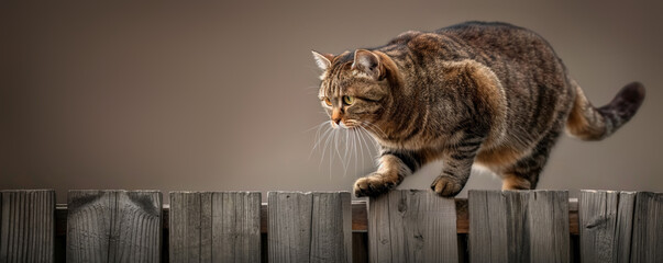 A determined tabby cat strides with purpose on a wooden fence, set against a warm, muted sky, capturing a moment of focus and determination in a serene environment.