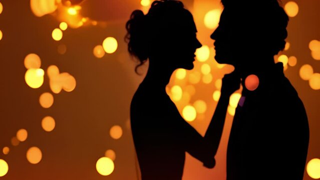 Man kissing a woman against a background of golden circles.