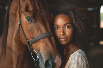 A woman stands next to a brown horse, suitable for rural or farm-themed contexts