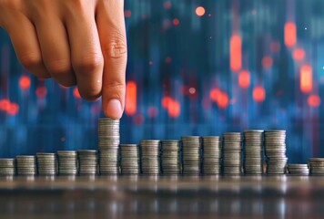 Stacking Coins with Financial Graph Background  Economic Growth, Investment, Savings, Wealth Strategy