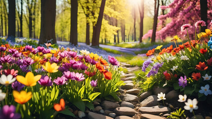 Obraz premium Panoramic landscape with multicolor spring flowers. Nature background.