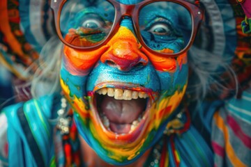 A close-up shot of a woman wearing colorful face paint and glasses, suitable for use in a variety show or cultural event