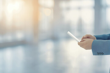 Businessperson Holding Mobile Device in Sunlit Office