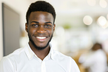 Cheerful African American Man Smiling in Bright Office Environment