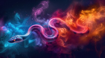 Vibrant Rainbow Snake in Cosmic Colorful Smoky Background