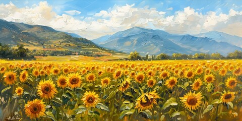 Fototapeta premium Sunflower fields, bright colors and realistically detailed textures.