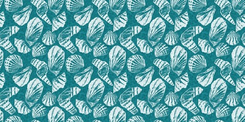 Teal turquoise blue white shell motif with linen seamless batik border background. Modern coastal beach cottage rustic shell block print home decor pattern design in sealife banner beach style. 