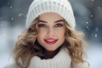 Smiling Woman in Winter Attire in Snowy Landscape with Blue Eyes and Red Lips
