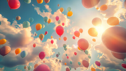 Fototapeta premium Colorful balloons float in the air of various colors such as pink, blue, yellow or red AI generated