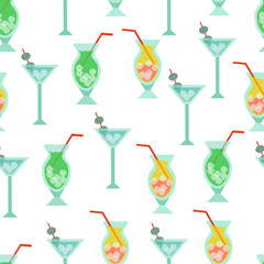 Seamless pattern cocktails with ice in glass goblets with straws on white background - vector flat illustration for packaging, web design, textiles.