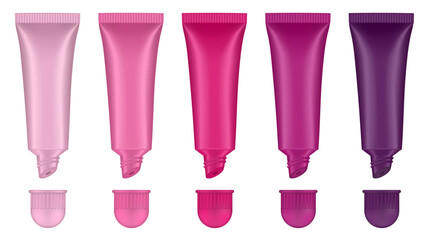 Set of lip gloss tubed. Lip, eye cream, serum. Cosmetic product container mockup. Pink, magenta, cherry and purple bottles with round cap	
