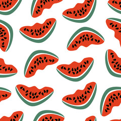 Seamless pattern ripe watermelon slices with seeds on white background - vector flat illustration for textiles, wallpapers, web design, packaging.