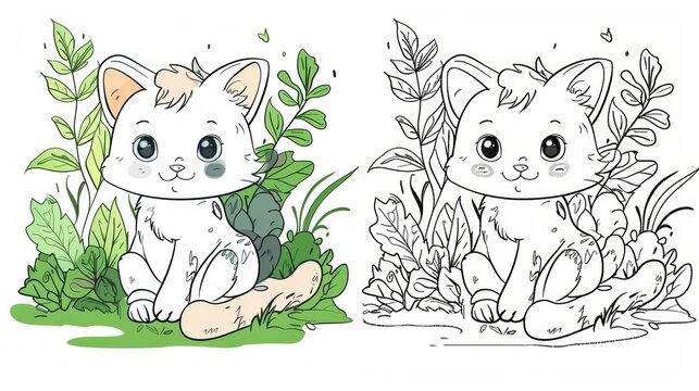 Cute cat coloring page. Cute animal coloring book page for kid, with reference