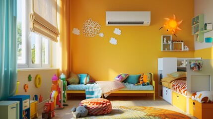 Cozy and Colorful Children's Room with Air Conditioner, Toys, and Comfortable Bed for Perfect Environment