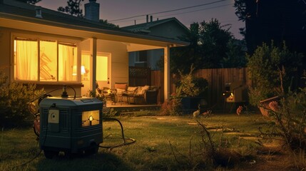 Gasoline Generator Powering Suburban Home During Nighttime Power Outage, Family Indoors