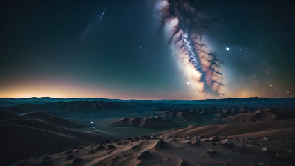 A landscape that stretches far into the distance, with a galaxy like the Milky way swirling overhead, and a distant planet that faintly glows in the atmosphere.